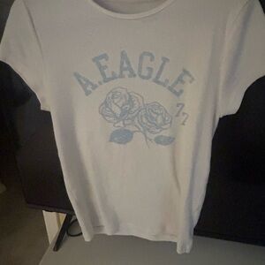 American Eagle White Tee with Blue Floral Design